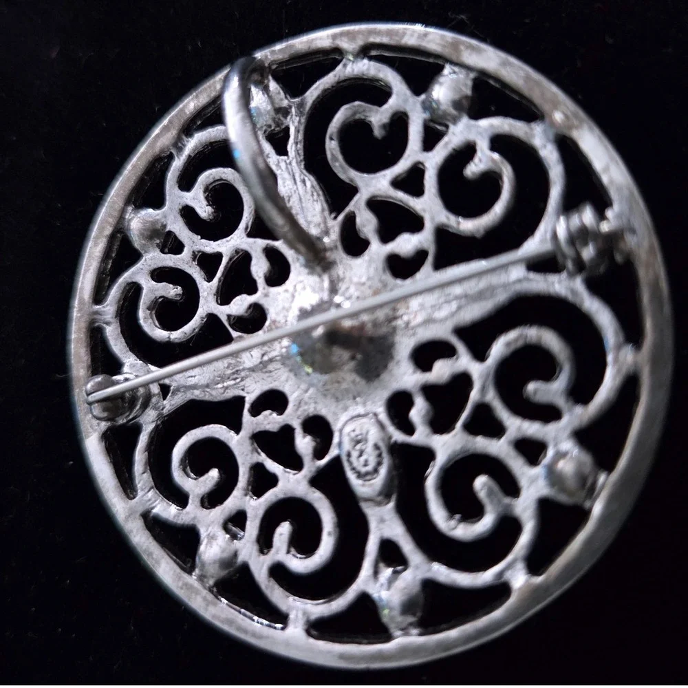 VTG Premier Designs Silver Tone Filigree Rhinestone Brooch Pendant Pin Mandala